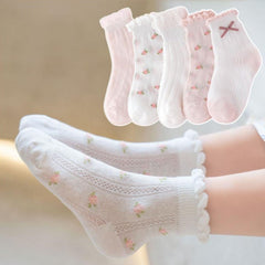 MOMISY 5 Pairs Baby Kids Girl Boys Tube Socks Toddlers Comfortable Ankel Length gifts (IN, Age, 3 Years, 5 Years, Bow-PinkWhite)