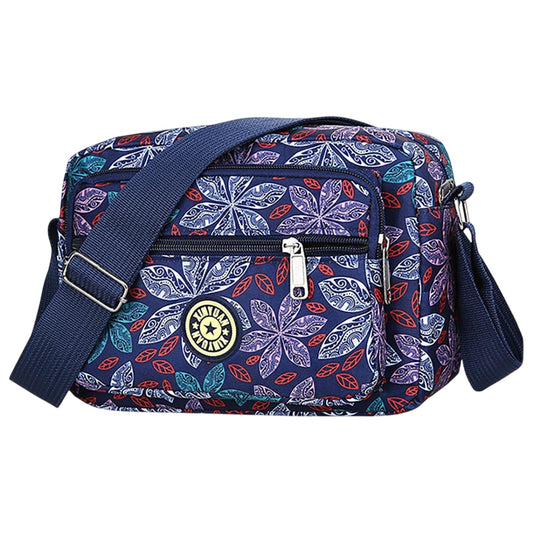 MOMISY Women Mobile Messenger cellphone Bag Ladies Nylon Shoulder Cross Body Long Strap for College, Outing, Travelling, Work (Medium, LineFlower-Blue)
