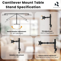 RISSACHI Monitor Stand for Desk 17-30 Inch | Height Adjustable Arm Mount with 10 Kg Load Capacity