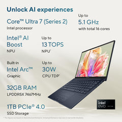 ASUS Zenbook 14,Intel Core Ultra 7 (Series 2), Intel Arc iGPU,32GB,1TB,3K OLED Touch Screen,14",Windows 11,M365 Basic (1Year)*,Office 2024,Ponder Blue,1.28 kg UX3405CA-PZ163WS, Thin & Light Laptop