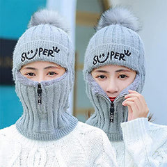 SYGA Unisex Winter Women Cap Wool Cap Smiley Zipper Pom Pom Hat Above 15 Year - Beige
