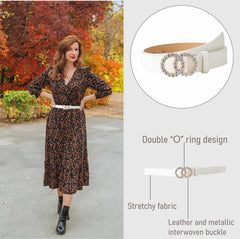 SYGA PU Leather Belt Rhinestone Waist Round Buckle Belt -White