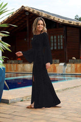 MOMISY Women's Crochet Summer Beach Dress Long Sleeve Square Neck Floral Lace Hollow Bikini Cover Up Cardigan Beachwear Dress - Black