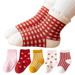MOMISY 5 Pairs Baby Girl Boys Tube ankle Socks for Baby Girl BoysToddlers Infant kids (Checks Flower, 1 year to 3 year)