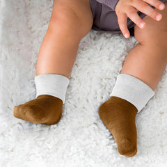 MOMISY Baby Boy and Baby Girl Combo/Gift Set Of Cotton Hand Mittens (Gloves) (3 Pairs) and Leg Booties (Socks) (3 Pairs), 0 to 6 Months. (Brown Grey Pink)
