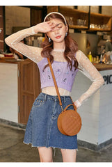 SYGA Women's White Retro Small Round Bag Women's One-Piece Embroidered Crossbody Bag