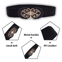 SYGA Women's Leather Belt, PU Leather Stretchy Waist Belt with Floral Metal Buckle, Retro Style - Black