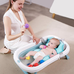 SYGA Baby Bath Tub, Foldable Bathtub with Support Cushion, Drain Plug,Stable Anti-Skid Collapsible Infant Shower Basin for Toddlers Newborns Bathing_Blue