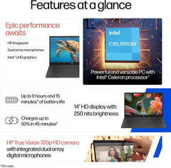HP 14s Intel Celeron Dual Core N4500 Laptop (8GB/512GB SSD/Win 11) 14.0" HD Display, MSO 24, Black, 1.46kg, DQ3149TU Thin and Light Business Laptop