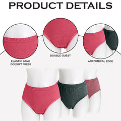 MOMISY Women's Cotton High-Waist Briefs, 68 cm Waist, Comfort Elastic Band, Grey Red Pink, Pack of 3- Size XL (36)