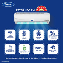 Carrier 1.5 Ton 5 Star AI Flexicool Inverter Split AC (Copper, Convertible 6-in-1 Cooling,Dual Filtration with HD & PM 2.5 Filter, Auto Cleanser, ESTER Exi, CAI18ES5R34F0,White)