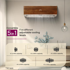 Godrej 1.5 Ton 3 Star, 5 Years Comprehensive Warranty, AI powered, 5-In-1 Convertible Cooling, 4 Way Air Swing, Wood Finish, Inverter Split AC (Copper, AC 1.5T SIC 18VTC3 WYB TK, Teak Wood)