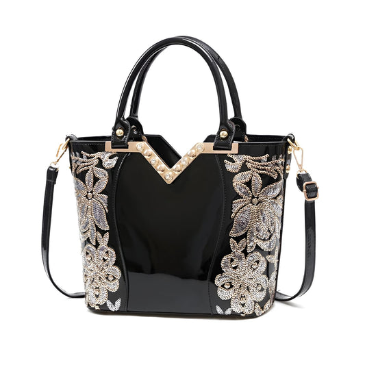 SYGA Women Chic Armpit Bag – Vertical Square Street Fashion Handbag with Embossed Floral Design & Pearl Accent