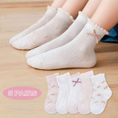 MOMISY 5 Pairs Baby Kids Girl Boys Tube Socks Toddlers Comfortable Ankel Length gifts (IN, Age, 3 Years, 5 Years, Bow-PinkWhite)