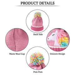 SYGA Children's Unicorn Beanie Cap & Gloves Set Winter Pom Pom Hat Combo for Ages 5-10 Years Warm Knitted Design(Pink)