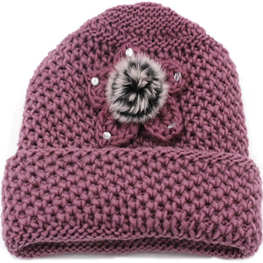 SYGA Winter Warm Hat Women Beautiful Wool Knitted Flowers Decorated Ears Beanie Hat for Adult Women Purple