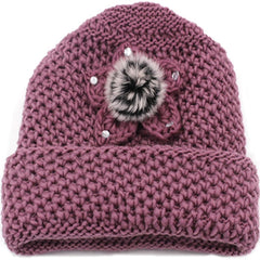 SYGA Winter Warm Hat Women Beautiful Wool Knitted Flowers Decorated Ears Beanie Hat for Adult Women Purple