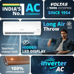Voltas 183V Vectra CAW 1.5 ton 3 star inverter Split AC|4-IN-1 Adjustable mode|Energy Efficient|High ambient Cooling-cools even at 52°C|Anti dust filter with Anti-microbial coating|Copper Coil| White