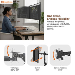 BonKaso Dual Monitor Stand for Desk | Height Adjustable Alloy Steel Arm Mount for 13”–27” Screens | 360° Rotation, Tilt & Swivel, Cable Management, Space-Saving Dual Arm Monitor Mount (Black & White)