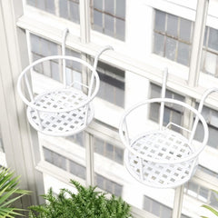 STANSY Iron Balcony Railing Plant Holder, Round Hanging Flower Pot Stand, Heavy Duty Metal Planter Basket for Outdoor Garden Decor, White