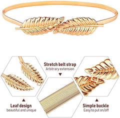 SYGA Women Metal Chain Leaves Buckle Stretchy Skinny Belt, Golden(Fits Waist Size 26-36)