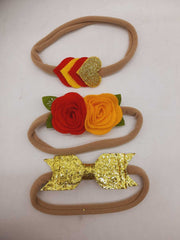 MOMISY Headbands Flowers Soft Synthetic Hairbands for Baby Girls, Infants and Toddlers, Pack of 3 - Multicolor (Free Size, Peach Red Golden)