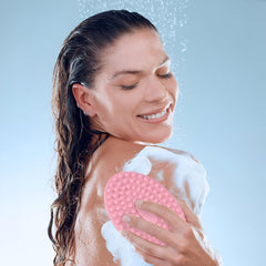 MOMISY 2-in-1 Silicone Body and Shampoo Brush, Exfoliating Bath Scrubber, Scalp Massager with Flat Head (Pink)