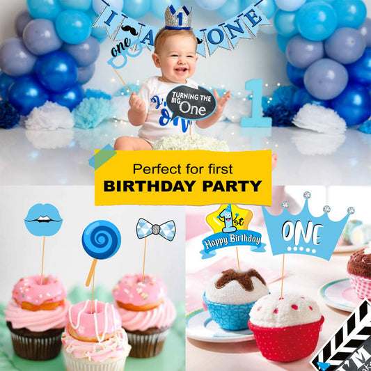 SYGA First Birthday Photo Booth Props with Banner-27Pcs (Blue Color) for 1st Bday Theme Supplies Baby Kids Combo Decorations Items/Cake Smash/High Chair, Babies Room Decor