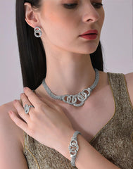SYGA Women Necklace Set Silver-tone Five Rings Pattern Four Piece Jewelry Set Earrings Necklace Bracelet Ring Wedding Festival For Women