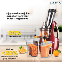 Hestia Nutri-Max Cold Press Slow Juicer, 240 W motor | Patented Auger technology for 3x more juice | 3 Strainers for Juices, Sorbets, Nut Milk, etc | Longest warranty, easy usage | Red Wine