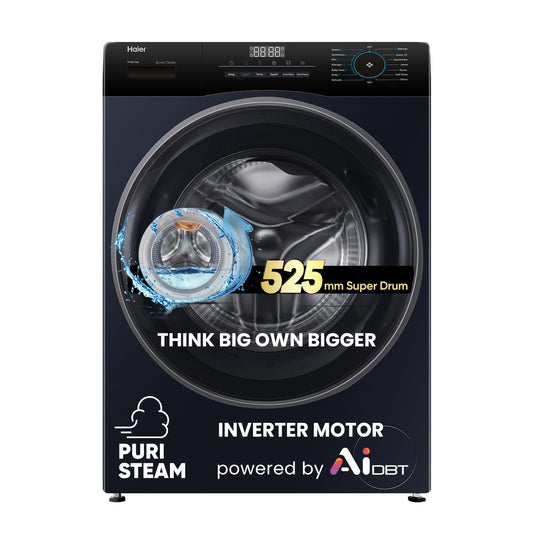 Haier 7 Kg 5 Star Powered by AI-DBT with PuriSteam, 525mm Super Drum Fully Automatic Front Load Washing Machine (HW70-IM12929BK, Inverter Motor with In-Built Heater, Black)
