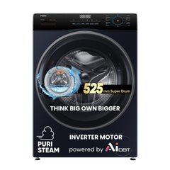 Haier 7 Kg 5 Star Powered by AI-DBT with PuriSteam, 525mm Super Drum Fully Automatic Front Load Washing Machine (HW70-IM12929BK, Inverter Motor with In-Built Heater, Black)
