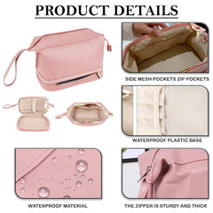 MOMISY Large Capacity Cosmetic Travel Bag, Women's Makeup Travel Bag Portable Leather Cosmetics Bag, Makeup Storage Bags with Handle and Divider, Wide Opening Cosmetic/Makeup Organizer (Pink)