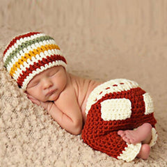 MOMISY Newborn Photography Prop Set, Crochet Striped Cap and Red Pants, Handmade Costume
