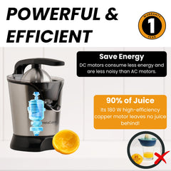 InstaCuppa Citrus Juicer Electric for Busy Moms, Quiet Copper DC Motor Juice Machine, 3 Cone Sizes, Effortless Ergonomic Handle, BPA-Free, Easy To Clean, 1-Year Warranty, 180 Watts