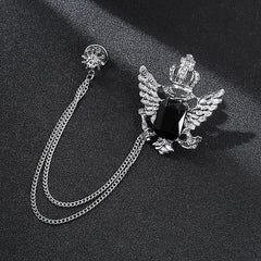 SYGA Luxury Crown Style Brooch for Men's & Women Suit Shirt Stud Brooch Lapel Pin Brooch Pin Chain Tassel Brooch Pin with Crystal Chain(Silver Crown Eagle Black Gemstone)
