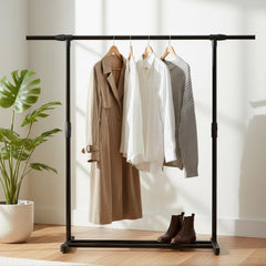 STANSY Garment Rack Freestanding Hanger | Multi-Functional Single Pole Clothing Rack | New Model 90 mm Extendable, 150 cm Long | Heavy-Duty Metal Clothes Stand for Bedroom & Closet