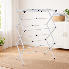 STANSY Foldable Clothes Drying Rack, Multi-Tier Metal Laundry Stand, White, Space Saving, Portable, Indoor Outdoor Use for Balcony Bathroom Home