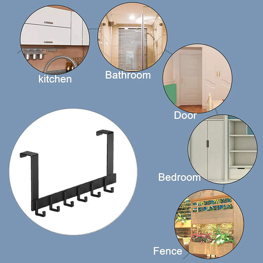 SYGA Hook Behind The Door Free Punching Hanger Clothes Storage Rack Entry Door Hanger Wall Hanging Clothes Hook Door Hanger Over The Door Hook Hanger (6-Hooks Extra Long, Black)