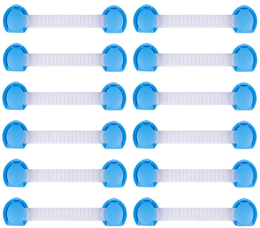 SYGA 12 Pcs Baby Safety Locks | Child Proof Cabinets, Drawers, Appliances, Toilet Seat, Fridge and Oven | Tools Not Required | Use Dual Adhesive Tape and Latch System (Blue Lining)