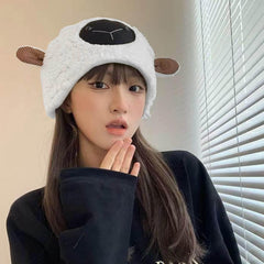 SYGA Women hat Beanie Winter Knit Wool Windproof Cute Lamb Animal with Ear Design hat for Autumn Winter (Above 15 Year) Light Khaki