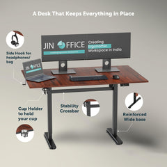 Jin Office Octave Height Adjustable Desk Electric | Sit Stand Table, 80 Kg Wt. Cap, 2 Year Warranty| Standing Desk with Memory Preset, Cup Holder| Stability Crossbar| Brown 1200*750mm/25mm Thick Top