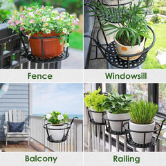 STANSY Iron Balcony Railing Plant Holder, Round Hanging Flower Pot Stand, Heavy Duty Metal Planter Basket for Balcony, Garden & Outdoor Decor, BlacK
