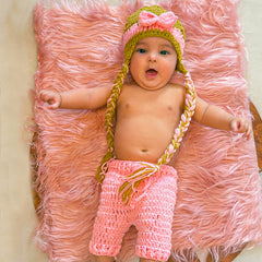 MOMISY Handmade Crochet Baby Photography Prop Set, Pink and Khaki Cap with Bow, Pants Photoshoot Costume