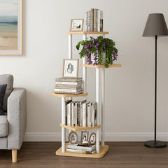 STANSY 5 Tier Plant Stand with Wheels | Multi-Layer Metal Flower Shelf for Indoor & Outdoor Use | Heavy-Duty Wooden Laminate Display Stand for Home, Balcony, Living Room(Light Walnut + White, 106cm)