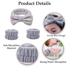MOMISY Face Wash Headband and Wristband Set for women ladies female and girls, Stretchy Bowknot Design, Super Absorbent Flannel, for Face Washing, Makeup, Yoga (Grey, Free)