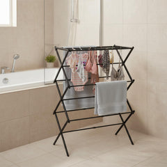 STANSY Foldable Cloth Drying Stand, Multi-Tier Metal Clothes Airer, Space-Saving Freestanding Laundry Rack for Home, Balcony, Laundry Room, Black