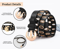 SYGA Women's Gold Oval Eyelet Belt Round Button Jeans Belt(Black)