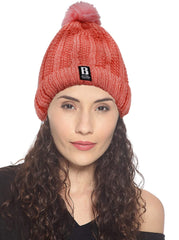SYGA Winter Beanie Hat For Women Warm Woolen Lining Knit Bobble Pom Pom Skull Cap Fleece Lined Warm Cap Outdoor Hat - Beige, Free Size