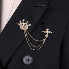 SYGA Men's & Women Regal Crown Suit Shirt Stud Lapel Pin Chain Tassel Brooch Pin with Crystal Chain(Gold)